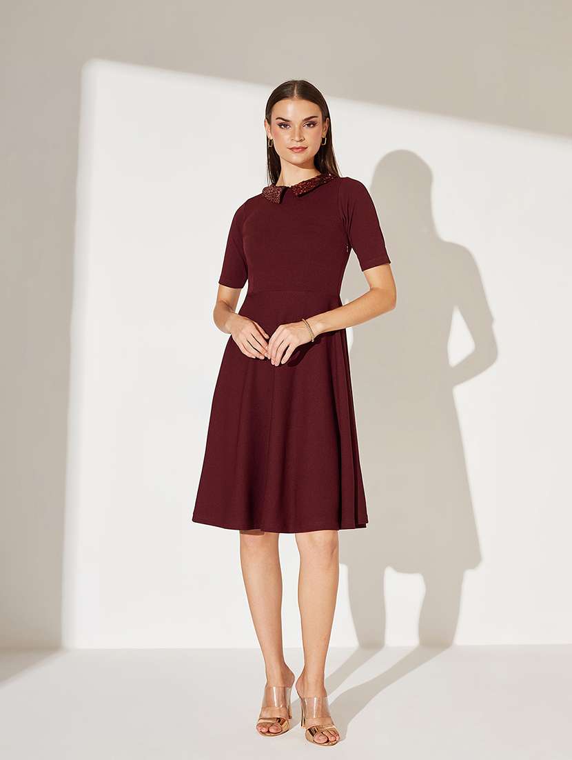 women solid short sleeve collared fit & flare dress