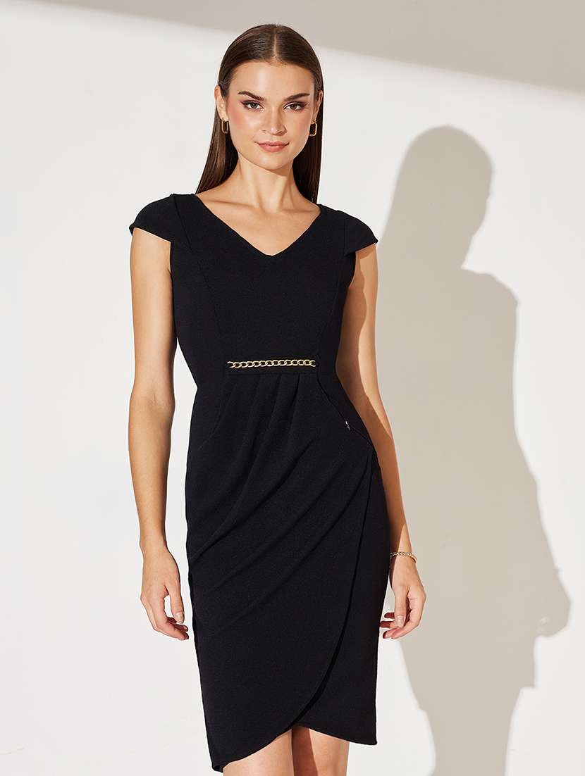 women solid cap sleeve bodycon dress