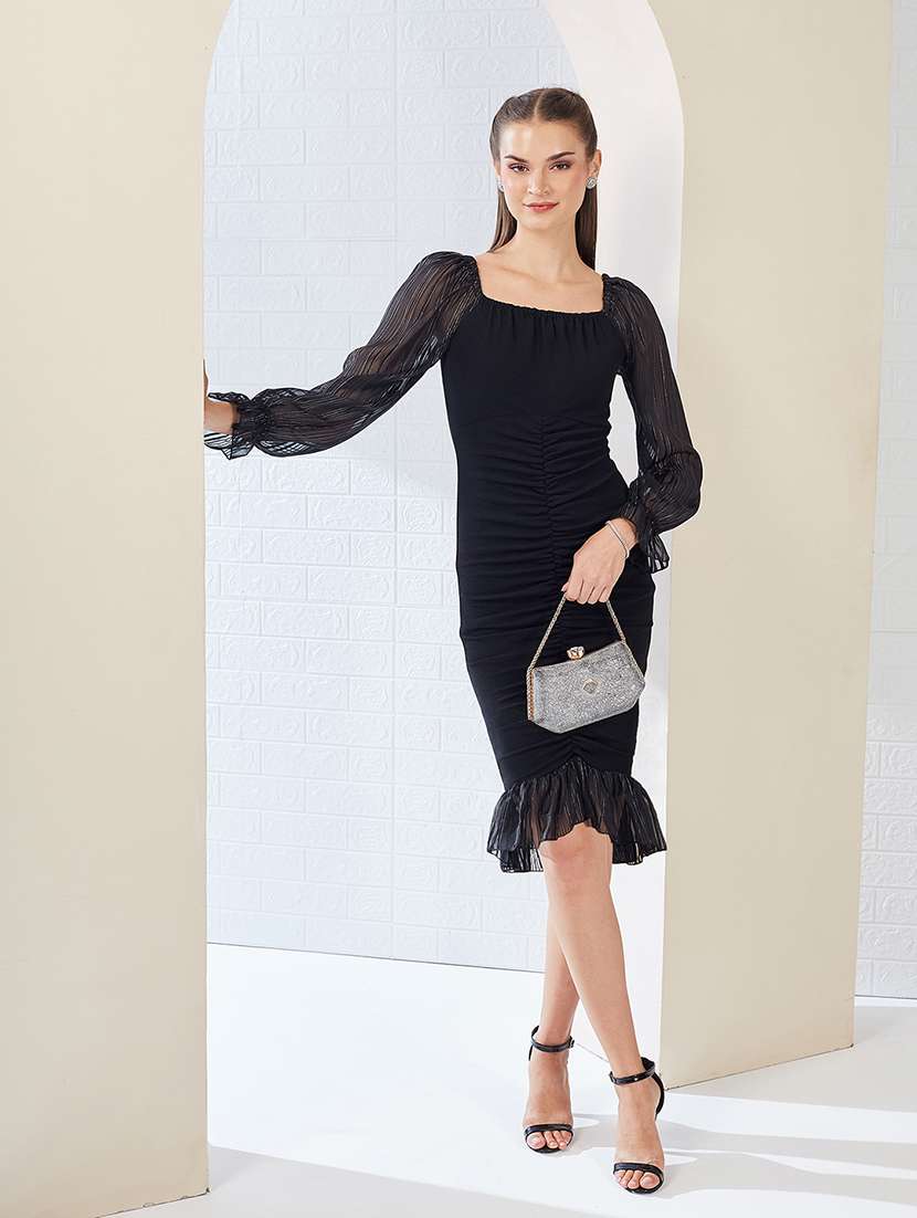 women solid puff sleeve bodycon dress