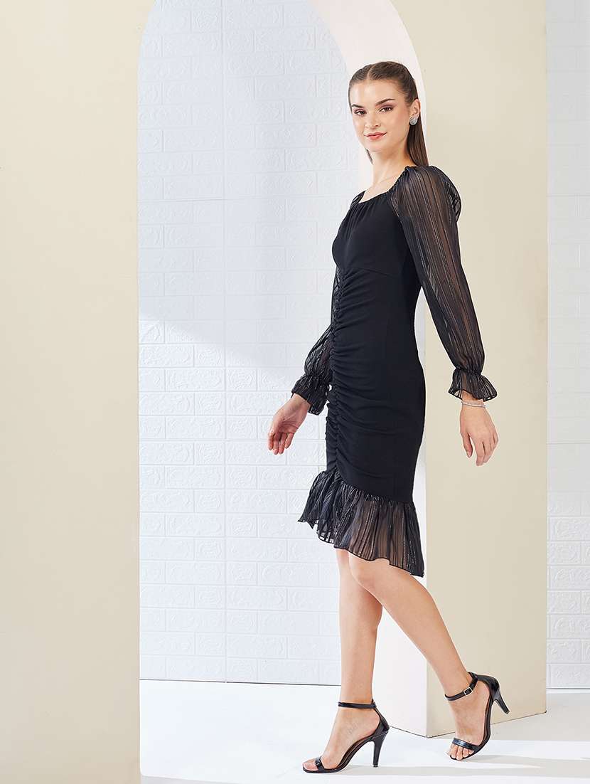 women solid puff sleeve bodycon dress - 22363871 -  Standard Image - 3