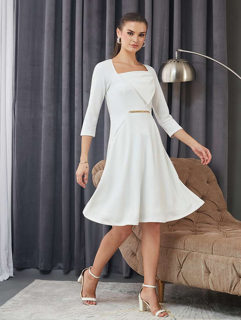 women solid three quarter sleeve fit & flare dress