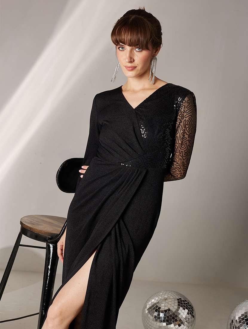 women sequined long sleeve wrap dress