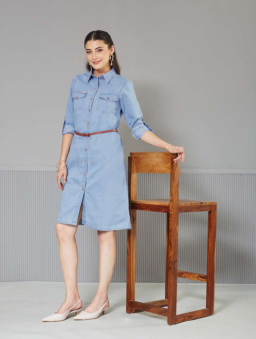 women solid roll-up sleeve denim shirt dress - 22363895 -  Standard Image - 3