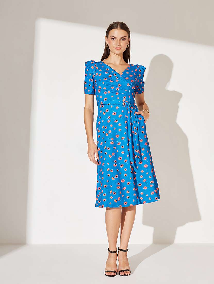 women floral print puff sleeve wrap dress