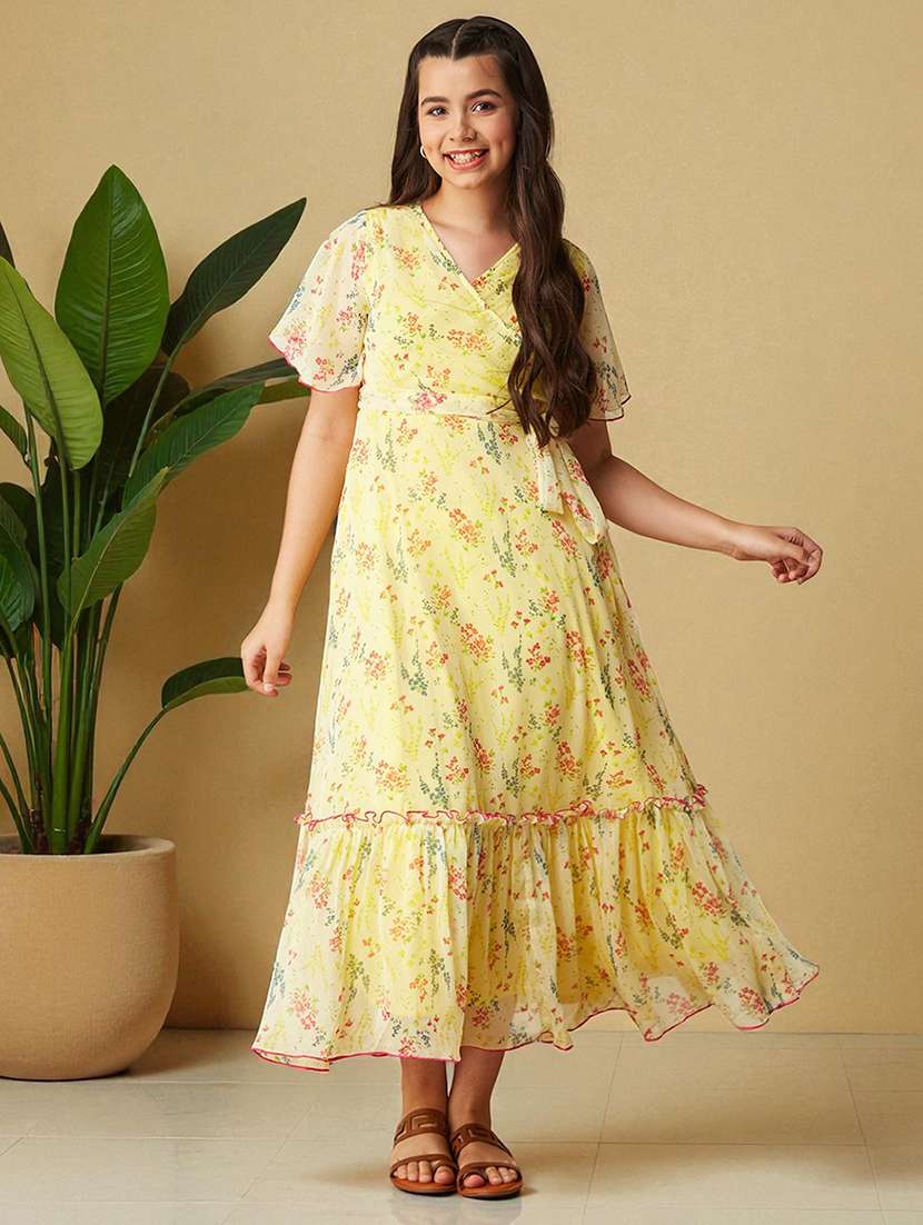 girls floral print bell sleeve tiered dress