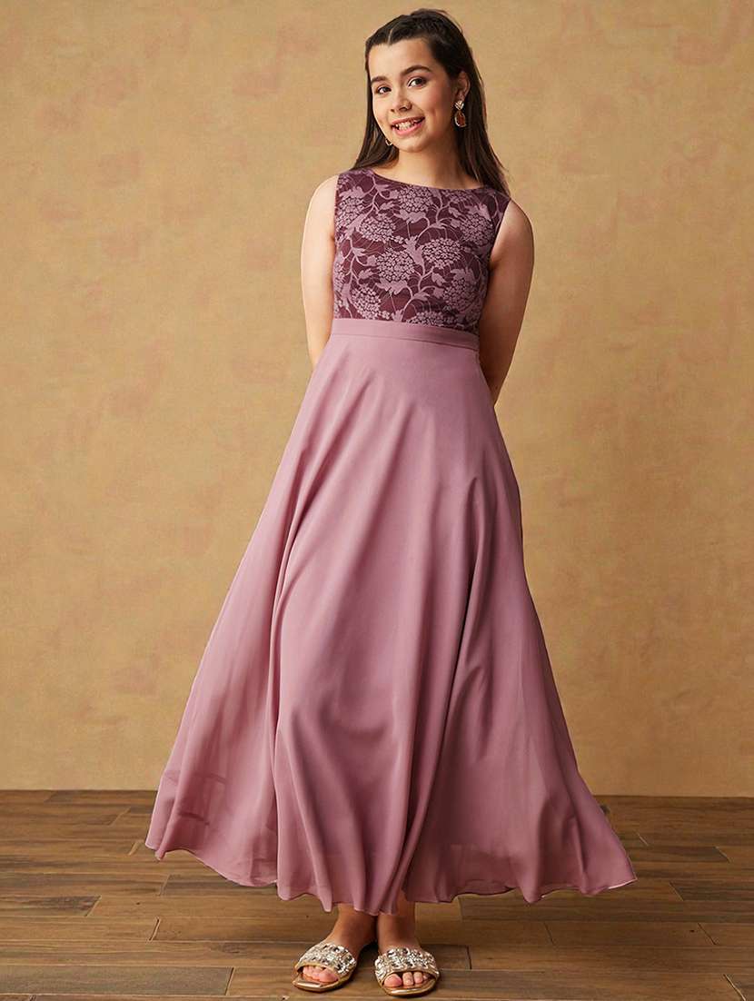 girls solid sleeveless lace fit & flare dress