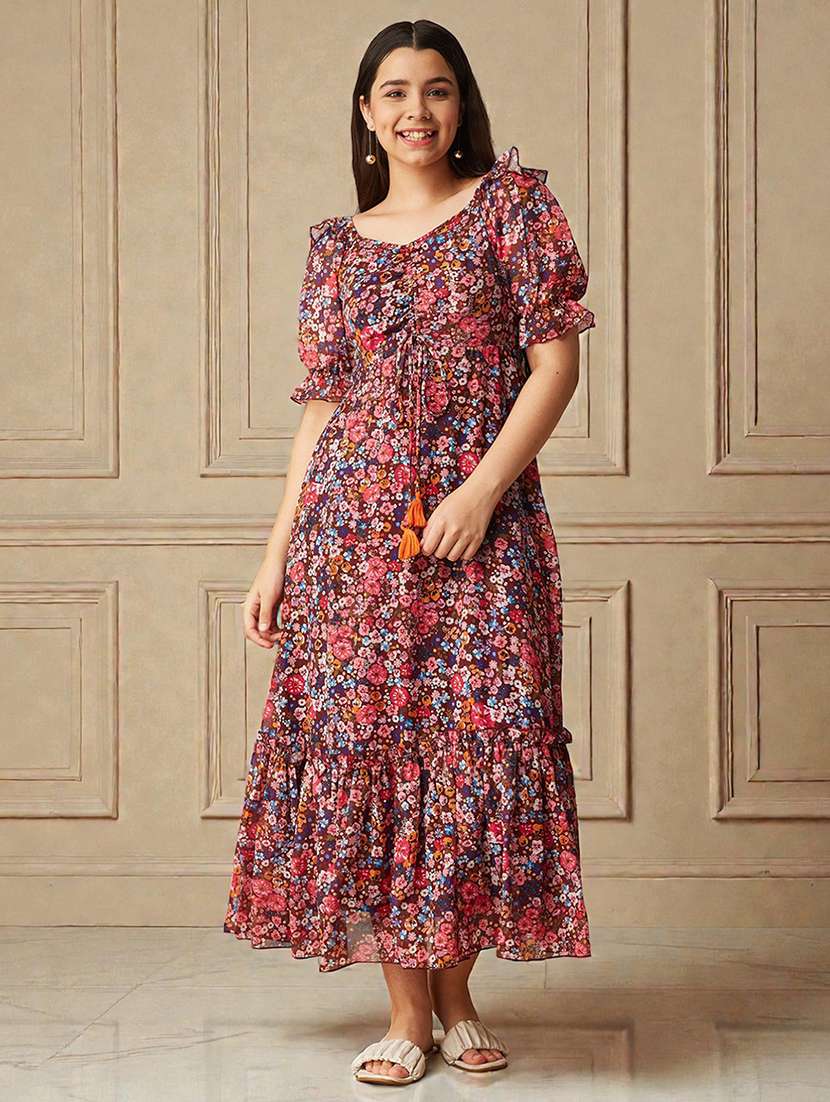 girls floral print puff sleeve tiered dress