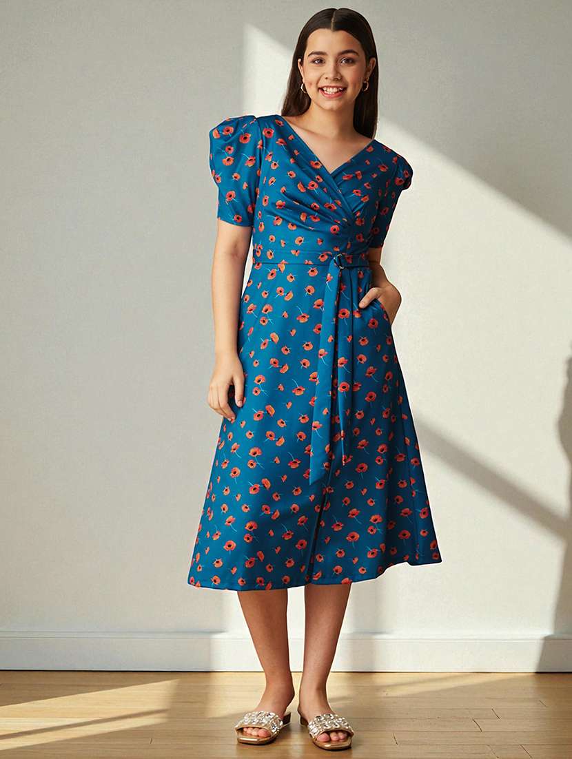 girls floral print puff sleeve a-line dress