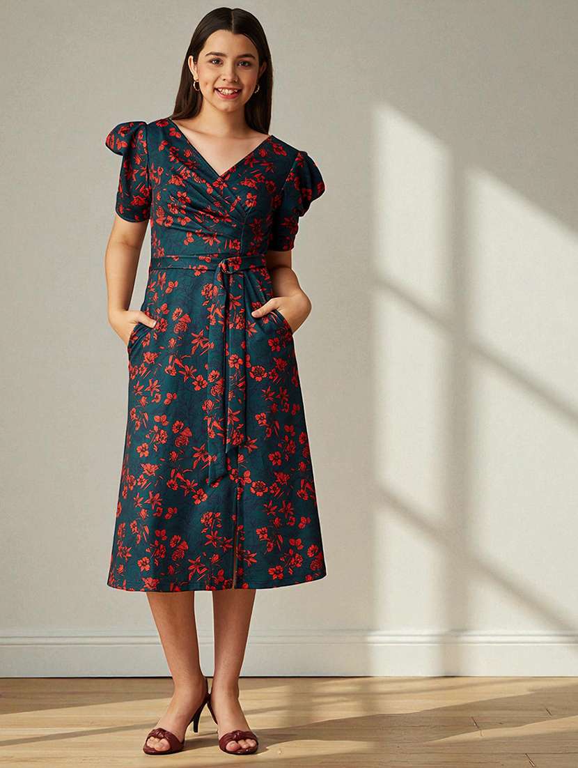 girls floral print puff sleeve a-line dress