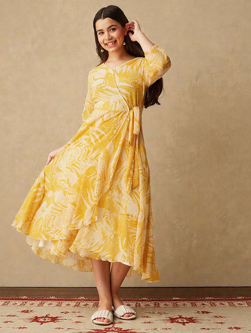 girls printed three quarter sleeve wrap dress