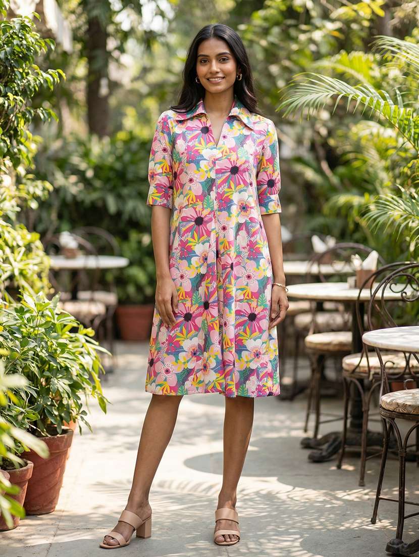 women floral print collaerd a-line dress