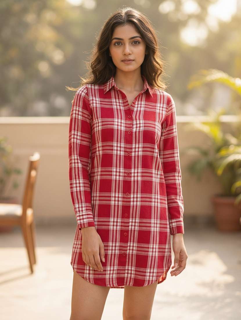 women checkered collared long sleeve shirt dress