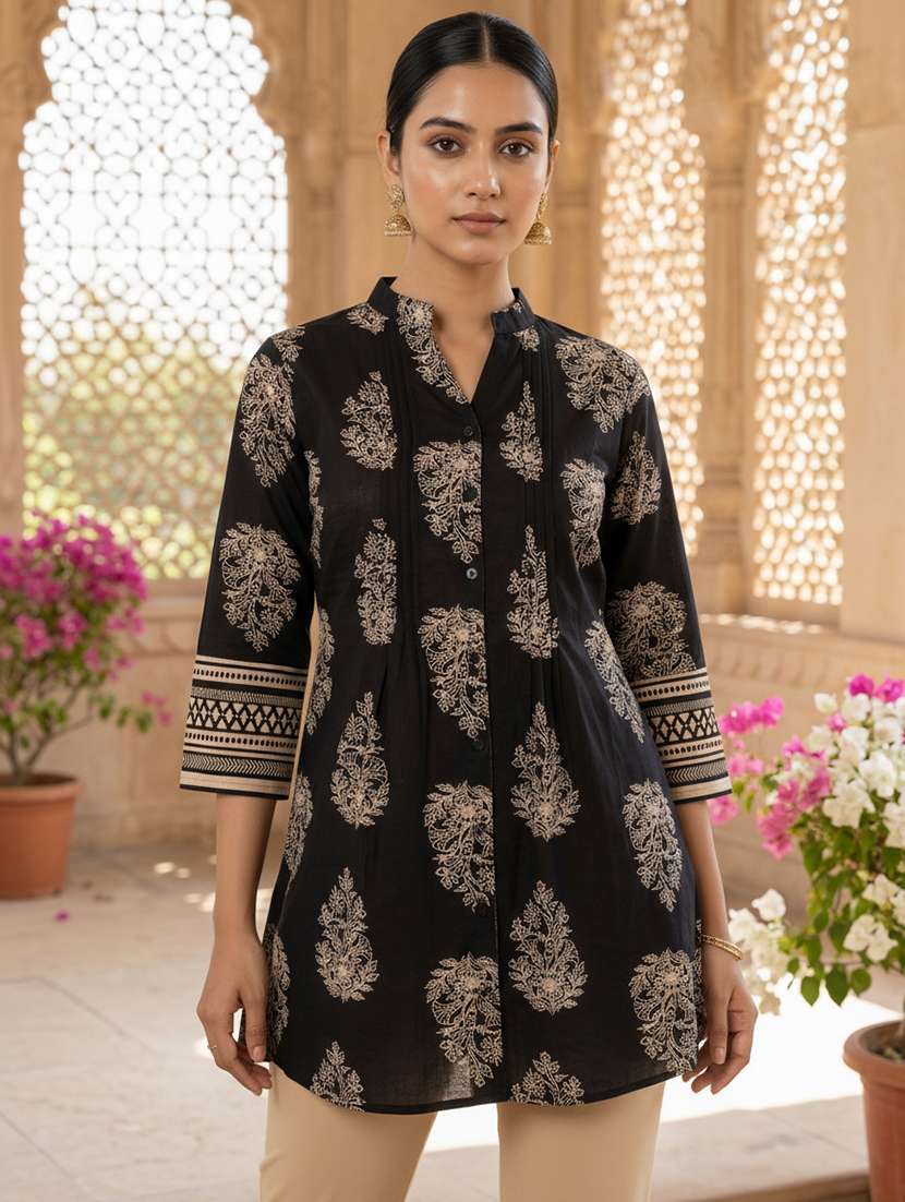 women printed three quarter sleeve a-line kurti