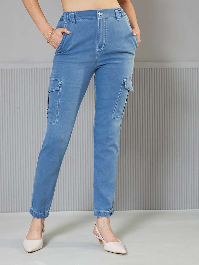 women solid high rise denim cargo