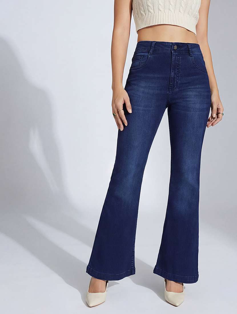 women solid high rise bootcut jeans