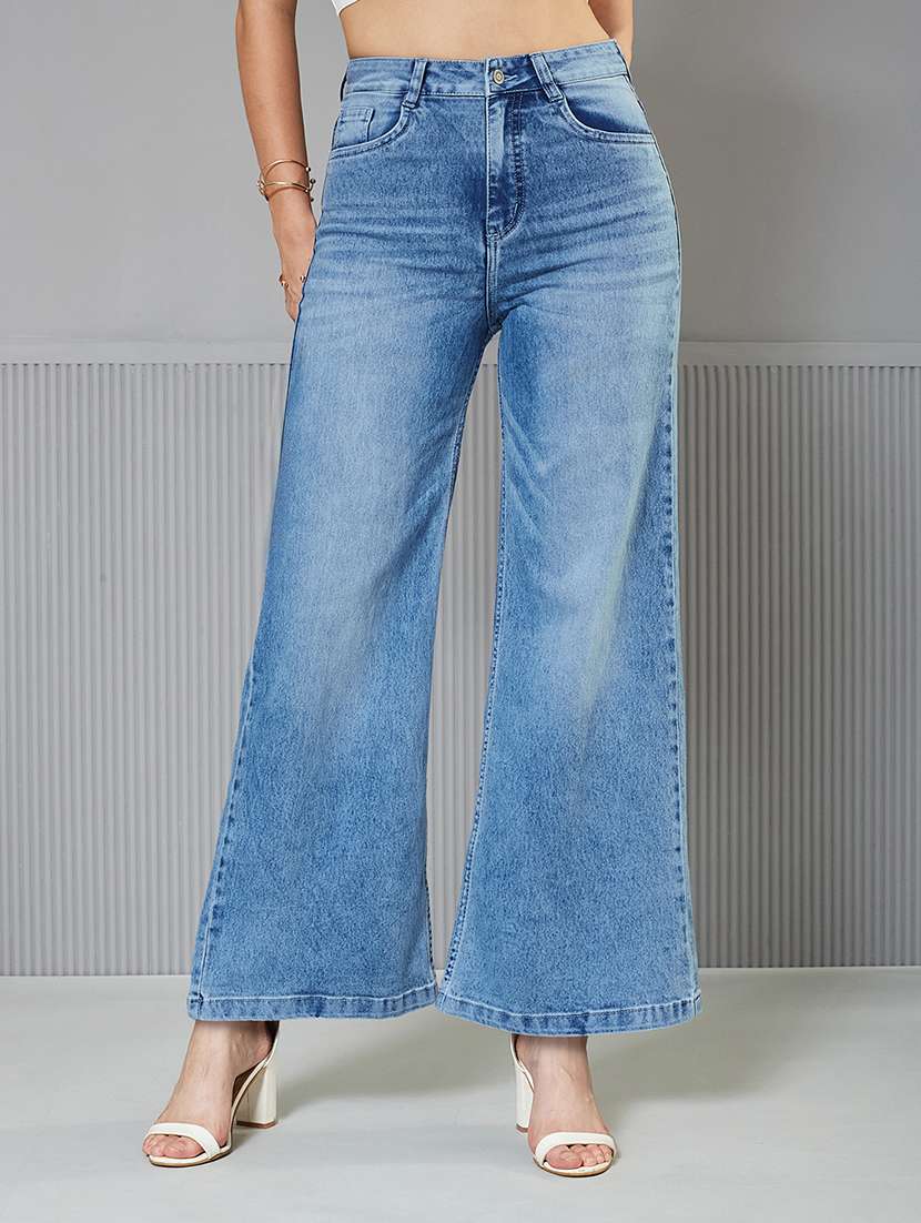 women solid high rise wide leg jeans