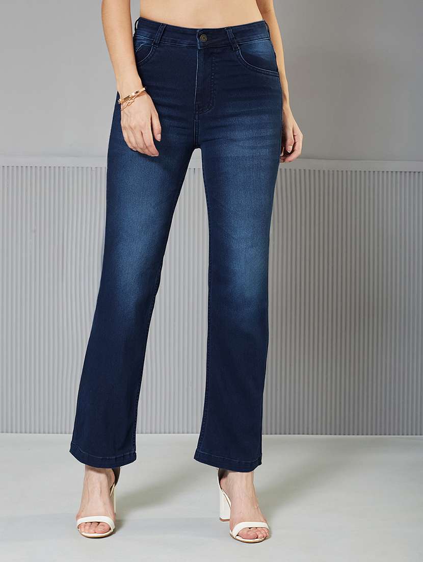 women solid high rise bootcut jeans
