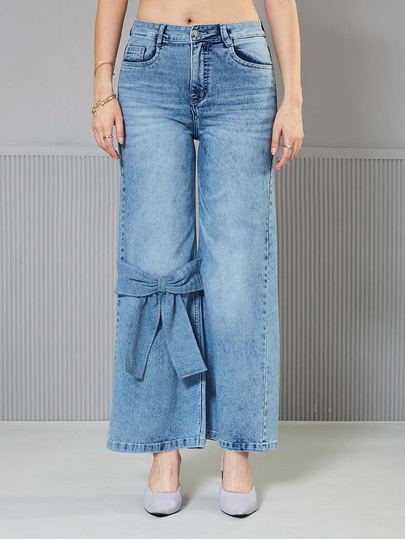 women solid high rise wide leg jeans