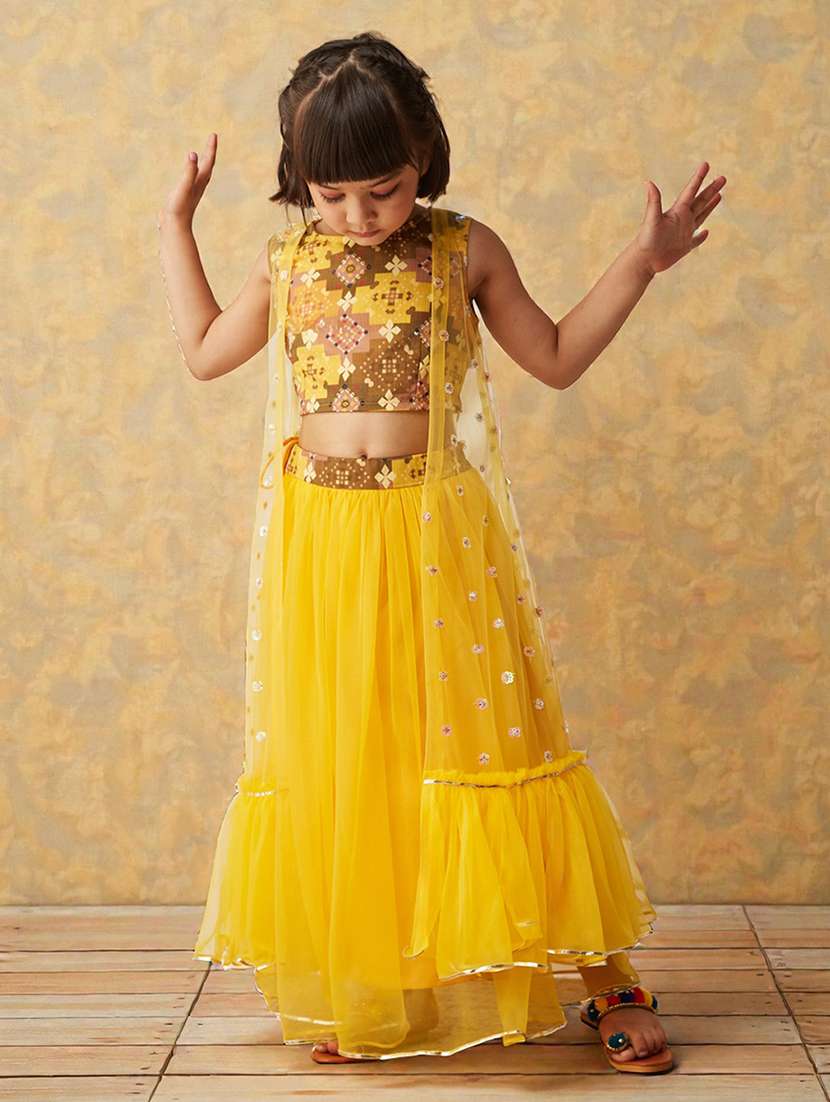 girls printed lehenga and choli with embellished shrug