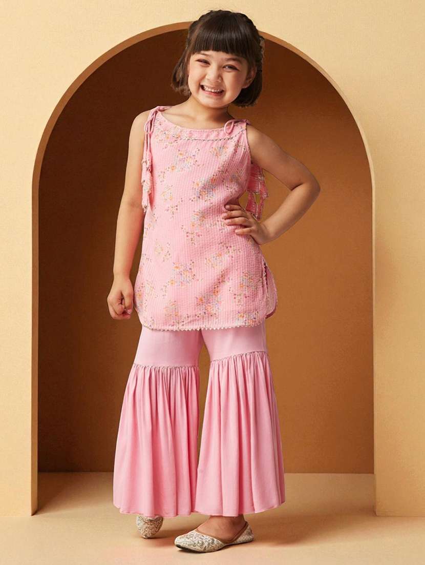 girls printed sleeveless kurta and sharara set
