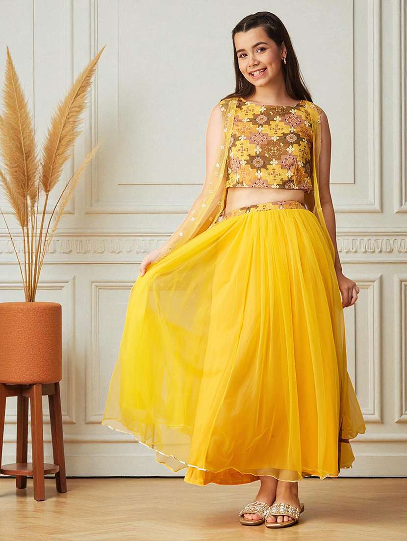 girls printed lehenga and choli with embellished shrug