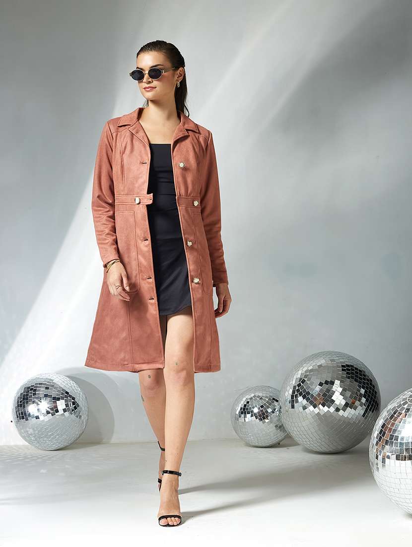 women solid long sleeve trench coat
