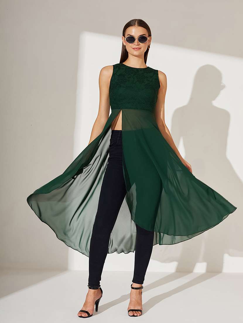 women solid sleeveless flared long top