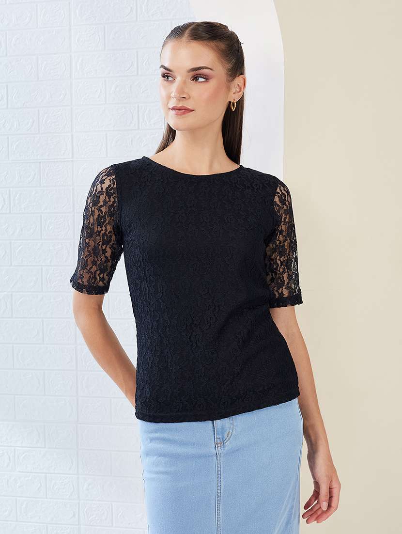 women solid short sleeve straight lace top