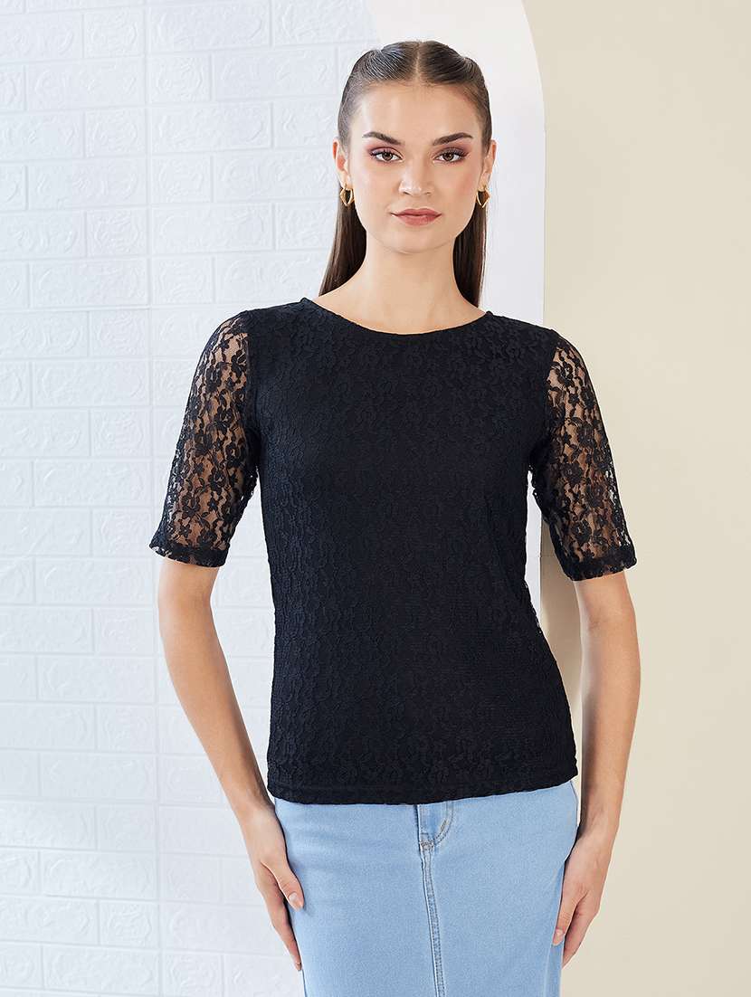 women solid short sleeve straight lace top