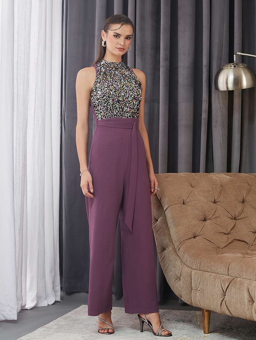 women sequined halter neck sleeveless jumpsuit