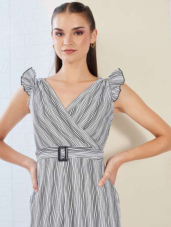 women striped sleeveless belted jumpsuit