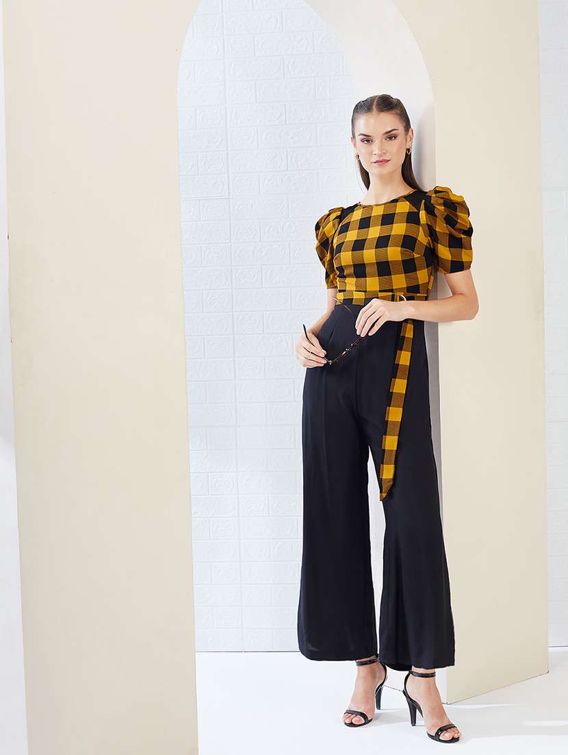 women checkered puff sleeve jumpsuit
