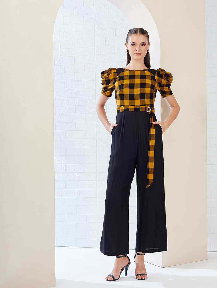 women checkered puff sleeve jumpsuit