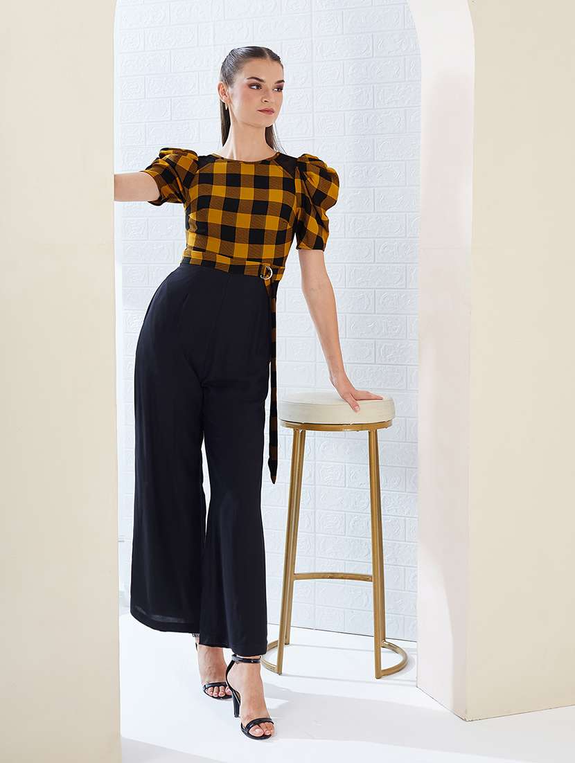 women checkered puff sleeve jumpsuit - 22364149 -  Standard Image - 3