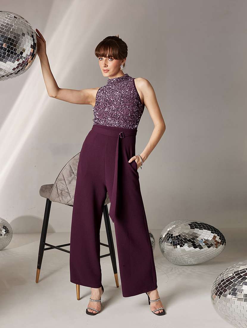 women sequined halter neck sleeveless jumpsuit