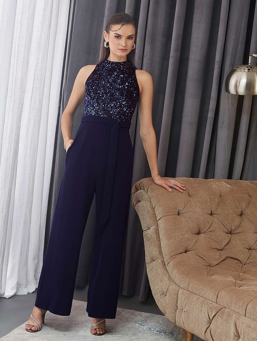 women sequined halter neck sleeveless jumpsuit