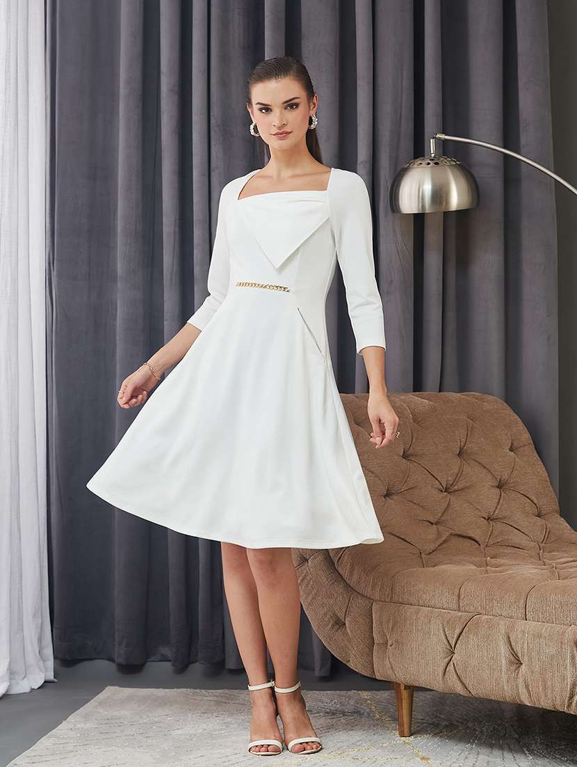 women solid three quarter sleeve fit & flare dress