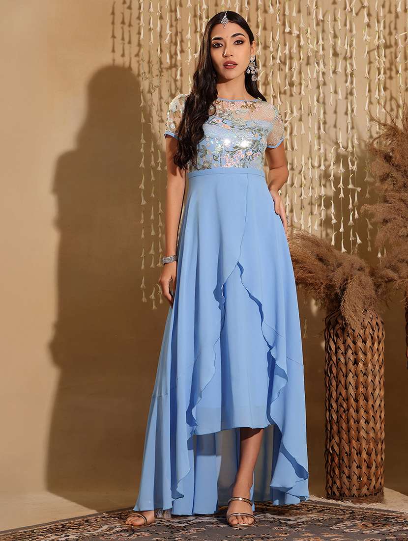 women embellished short sleeve asymmetric dress