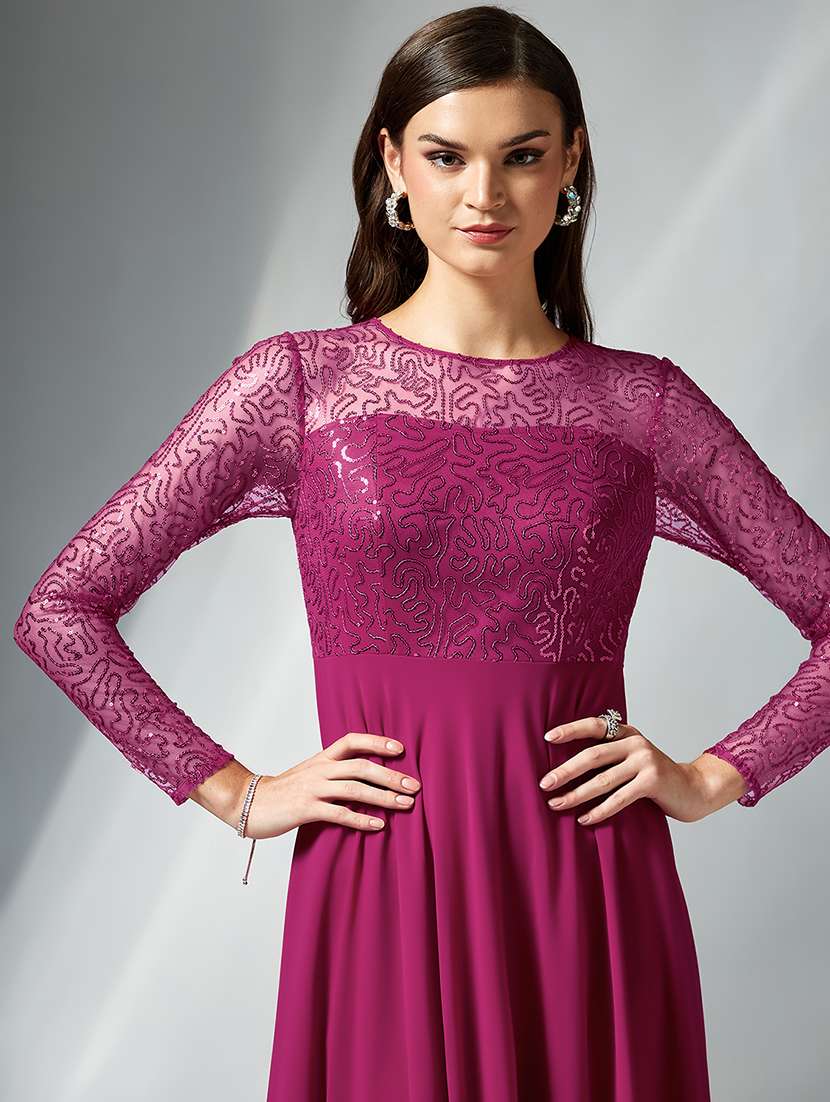 women embellished long sleeve fit & flare dress
