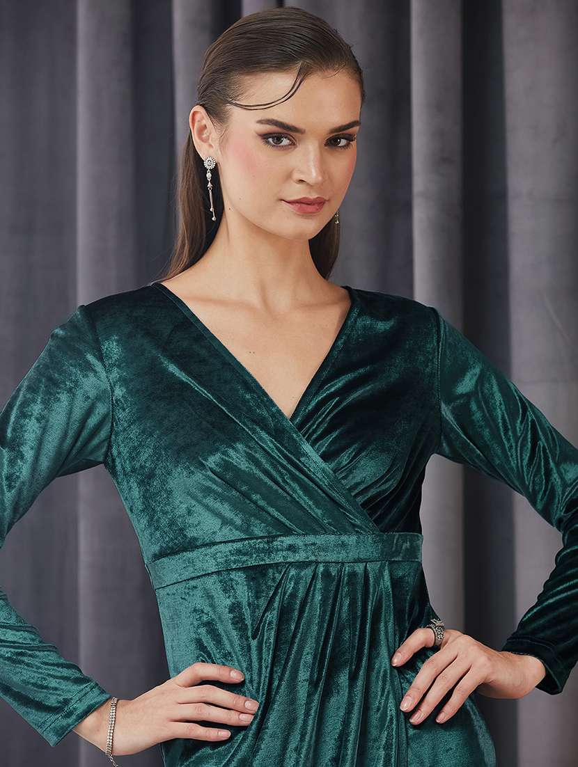 women solid long sleeve velvet wrap dress - 22364225 -  Standard Image - 3