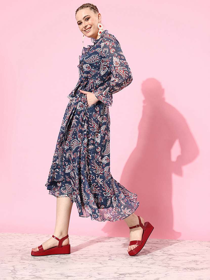 women printed long sleeve asymmetric dress