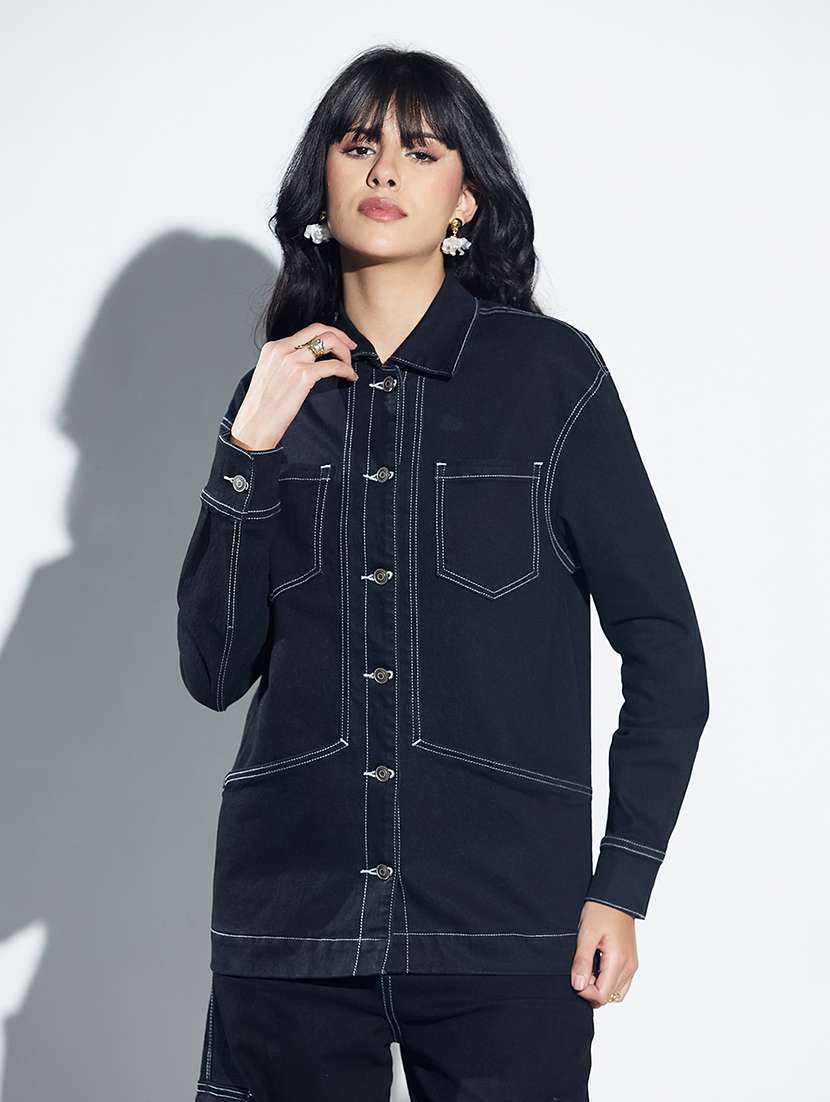 women solid collared long sleeve denim jacket