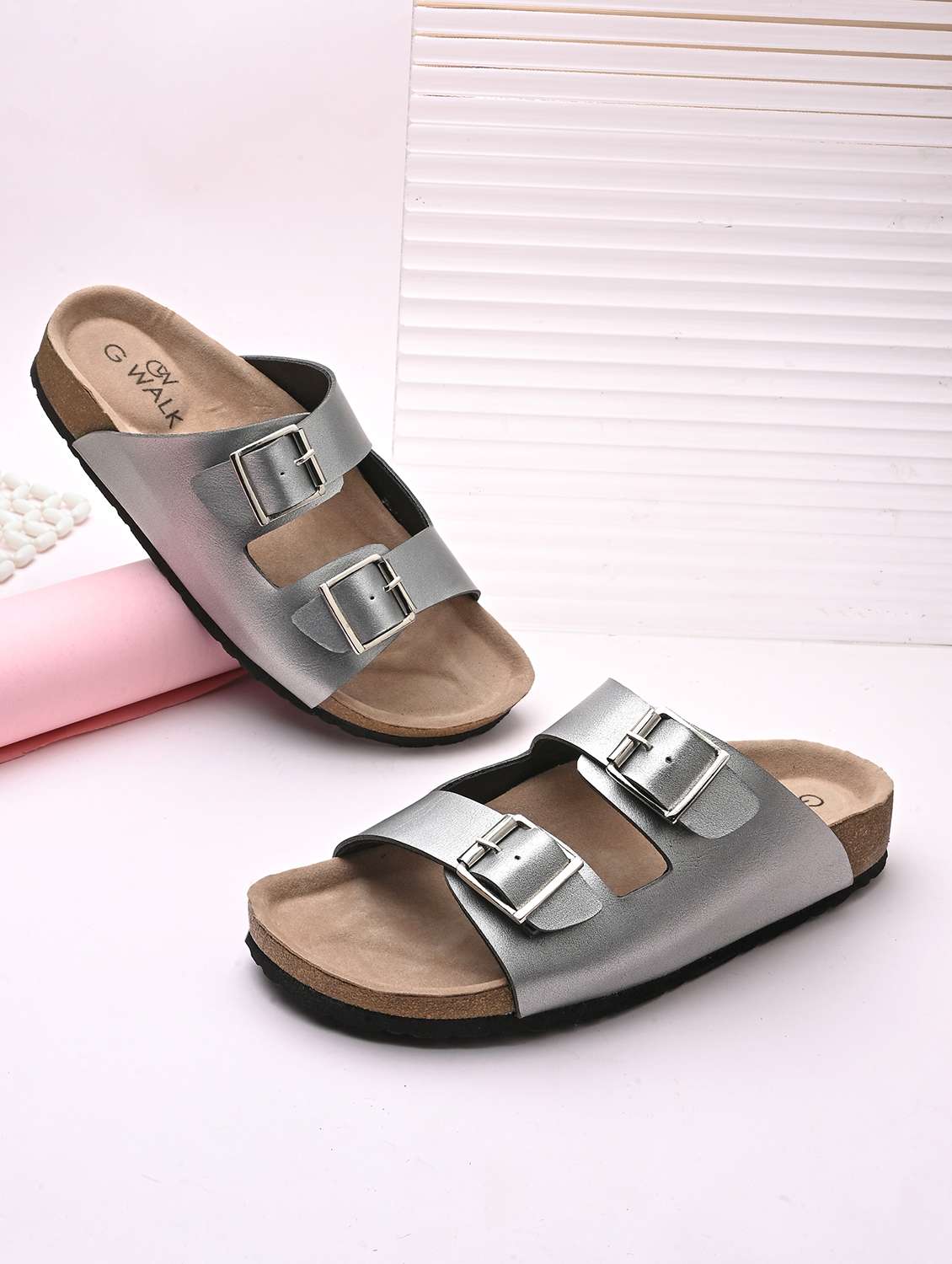 women silver slip on sandal