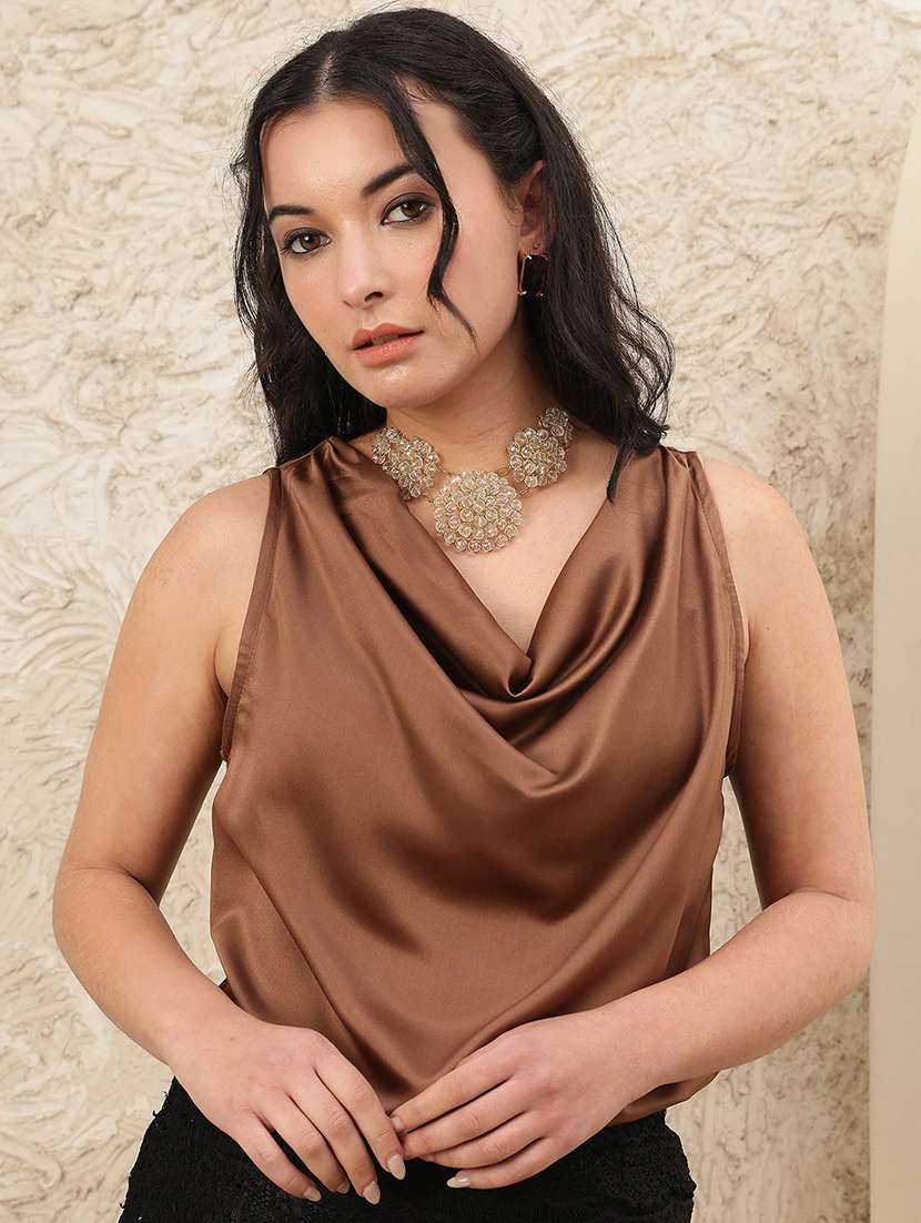 women solid cowl neck sleeveless straight top
