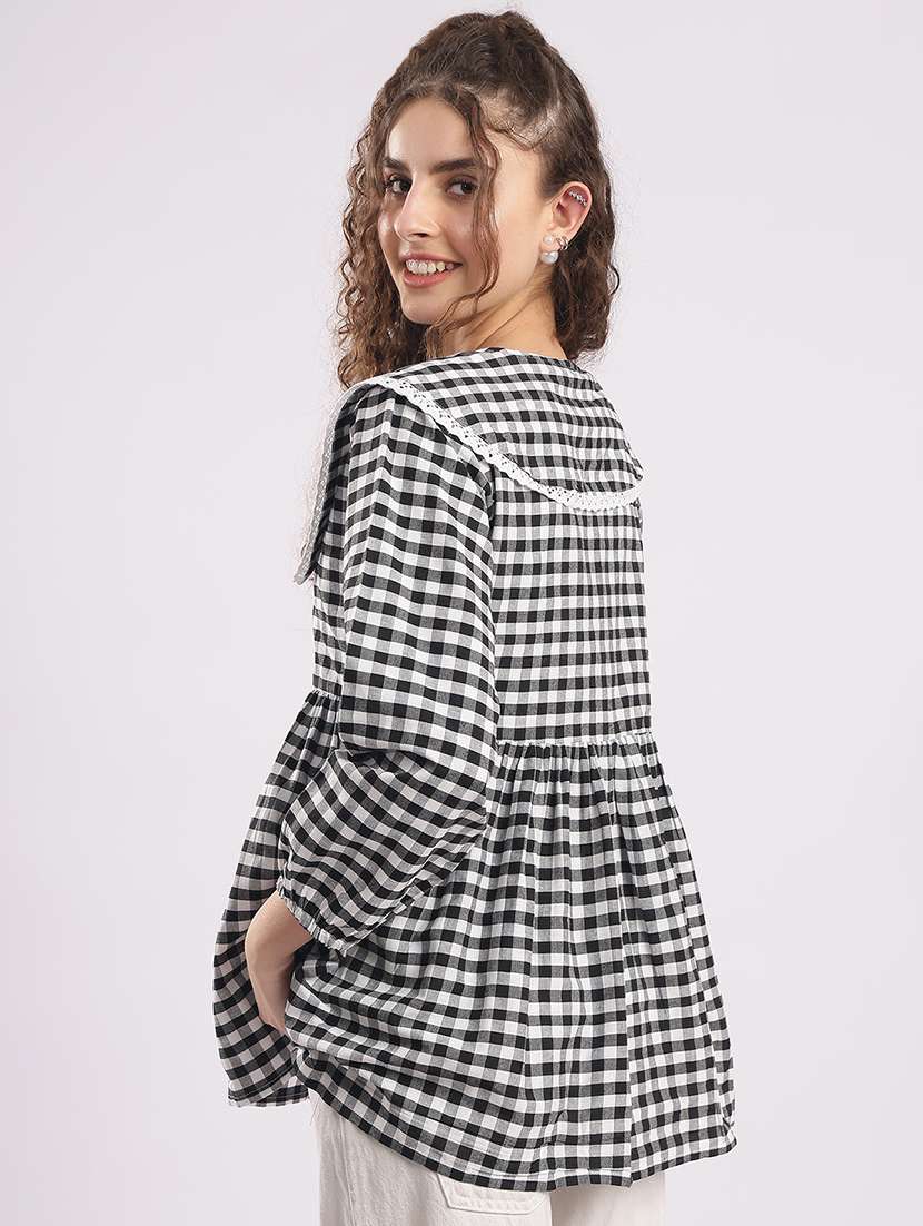 women checkered puff sleeve flared top - 22364412 -  Standard Image - 3