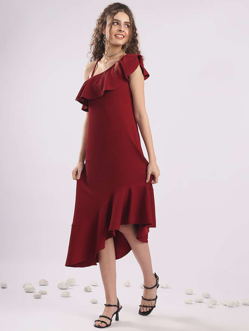 women solid single shoulder tiered dress - 22364445 -  Standard Image - 3