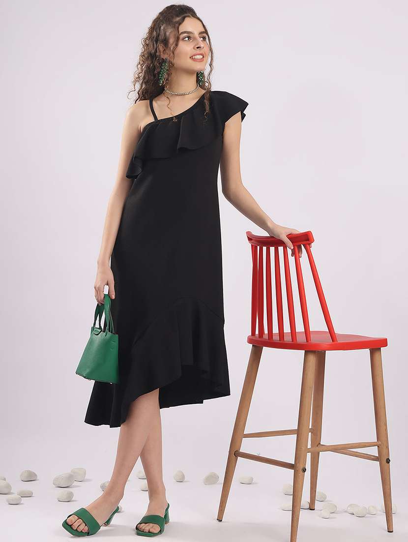 women solid single shoulder asymmetric dress 