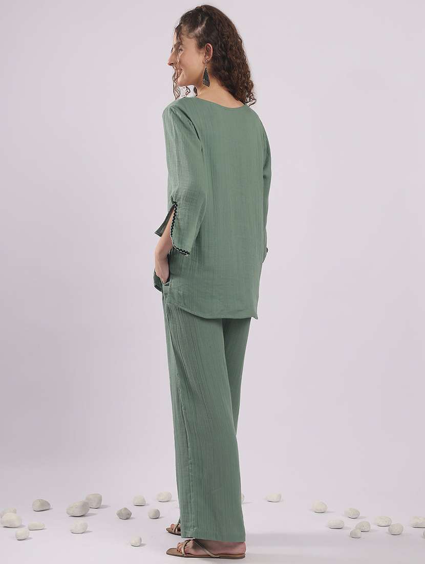 women solid top and trouser co-ord set - 22364471 -  Standard Image - 3