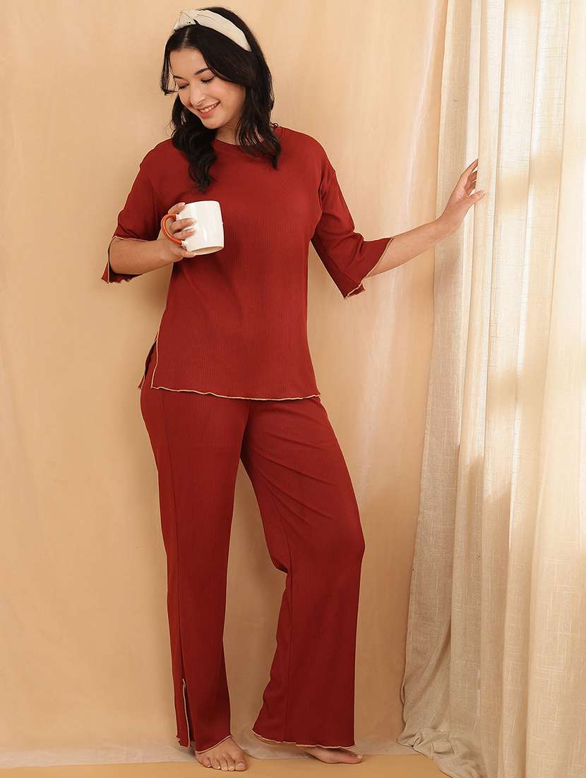 women solid nightwear pyjama set 