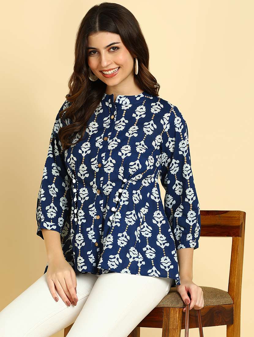 women printed mandarin collar top